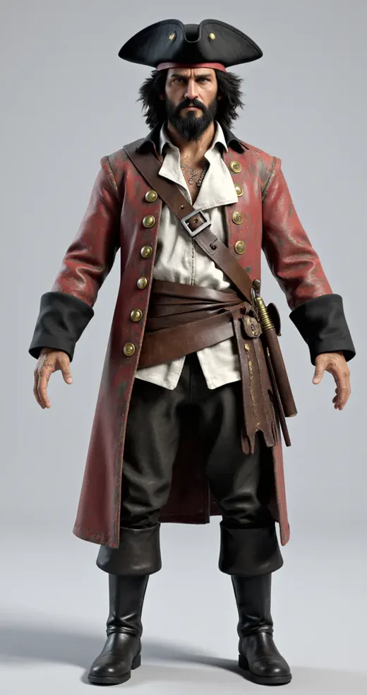 The pirate captain in a crimson frock coat and tricorn