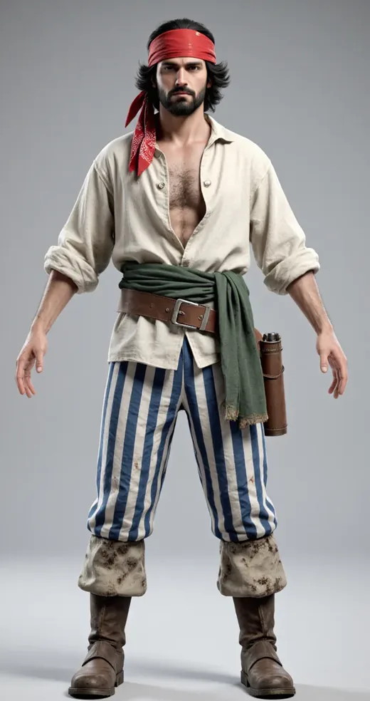 A pirate deckhand in a red bandana and striped trousers