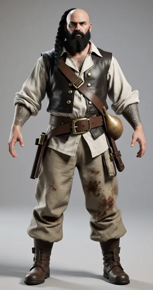 A bald, bearded pirate gunner