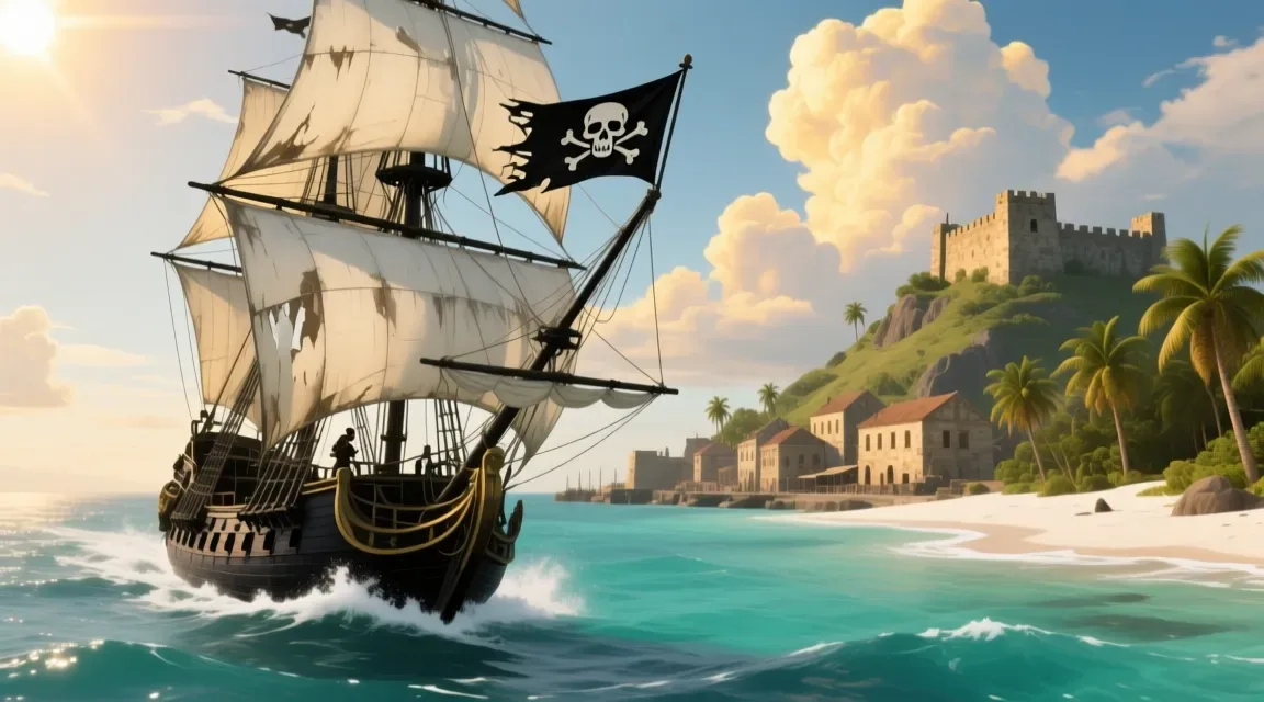 A three-masted ship off a fortified harbour