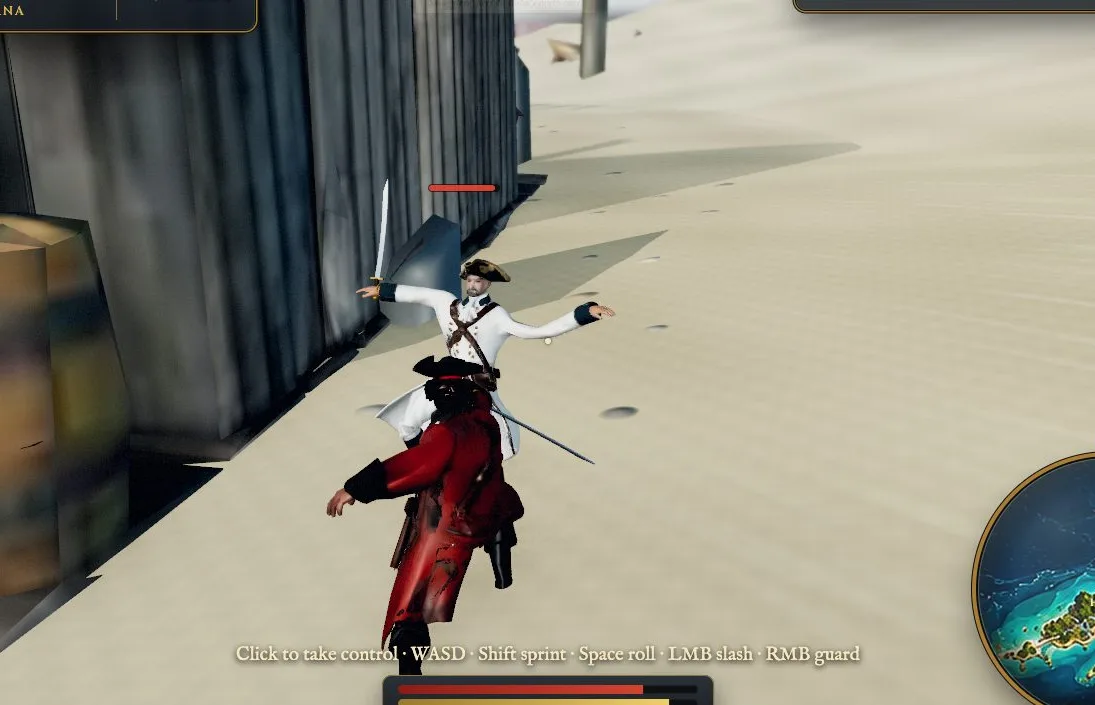 The captain crosses cutlasses with a Spanish soldier on a beach at Havana