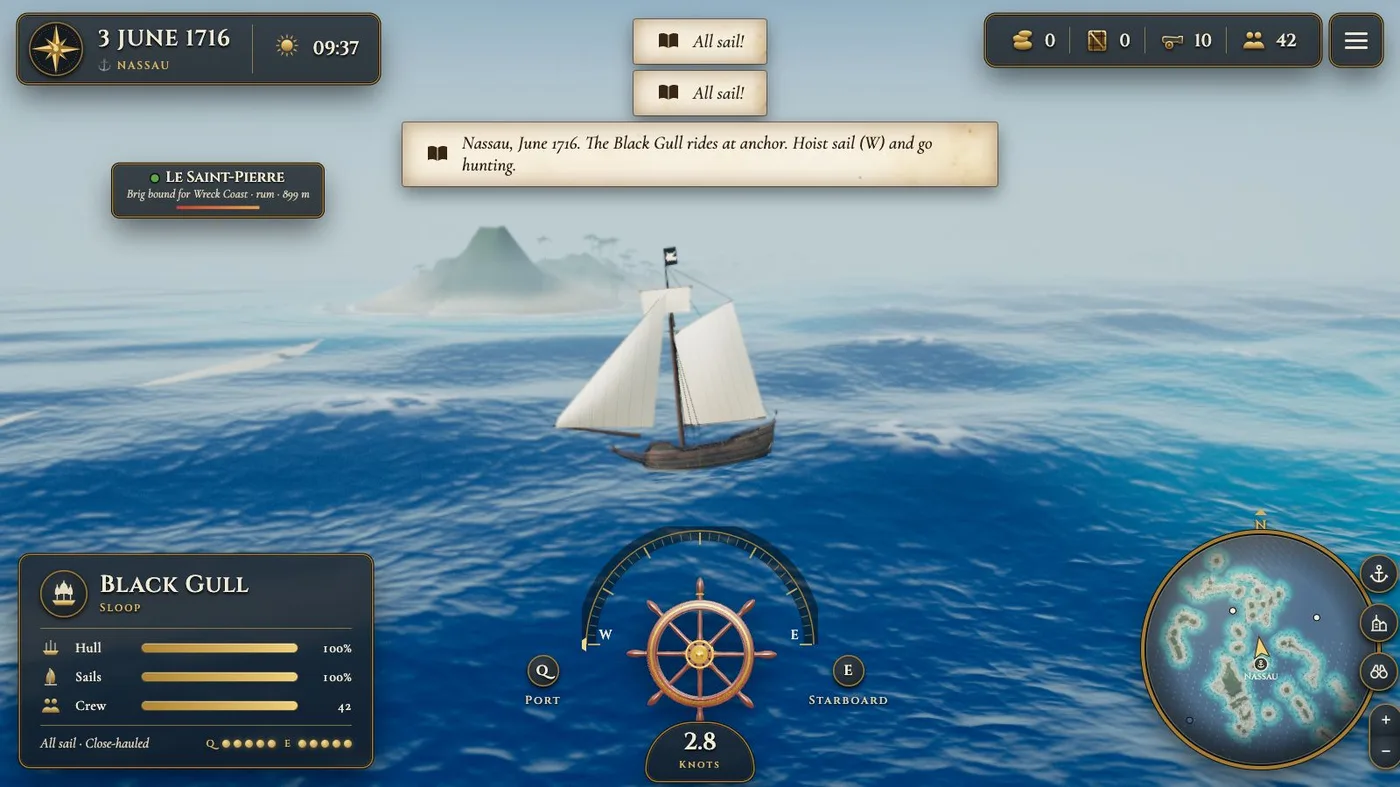 The sloop Black Gull under sail off Nassau, with the ship card, helm and lit minimap